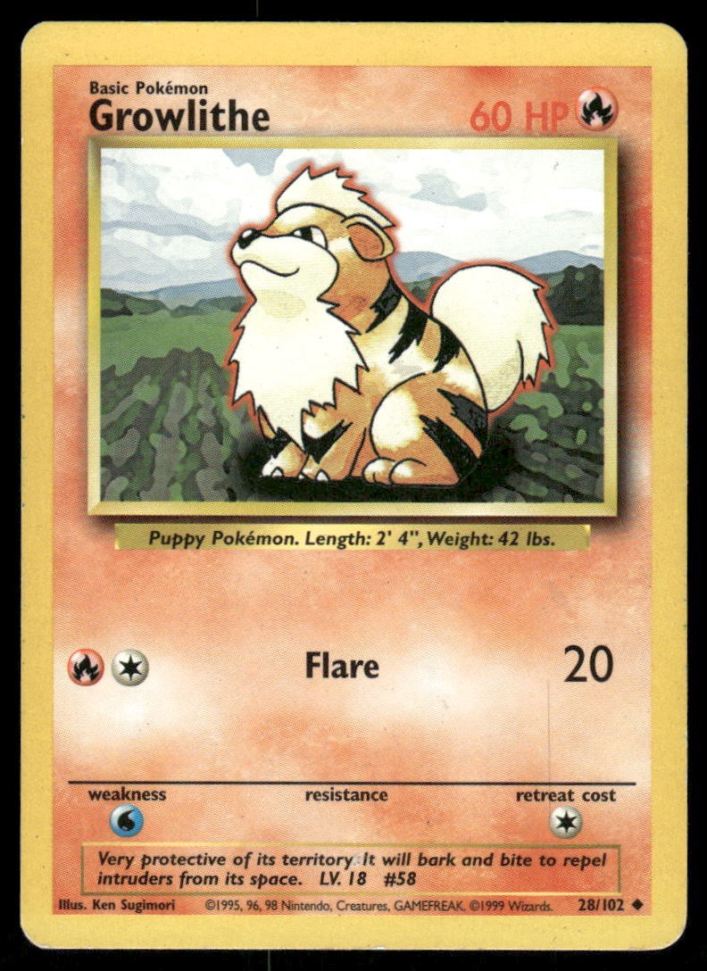 Pokemon Cards Growlithe 28/102 UNLIMITED Base Set Uncommon LP0