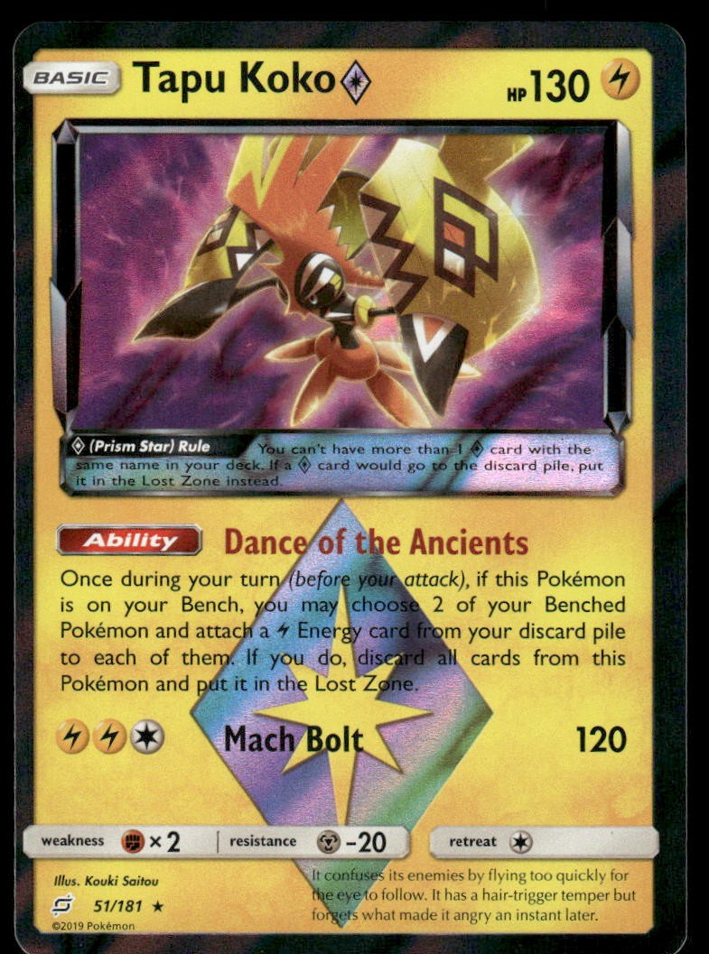 Pokemon Cards Tapu Koko ◇ 51/181 Team Up Sun & Moon Rare Prism Star NM0