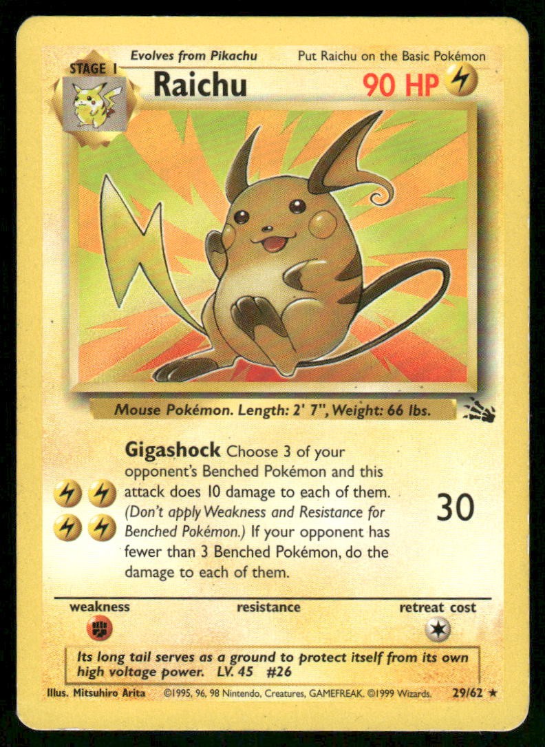 Pokemon Cards Raichu 29/62 UNLIMITED Fossil WOTC Rare HP *10