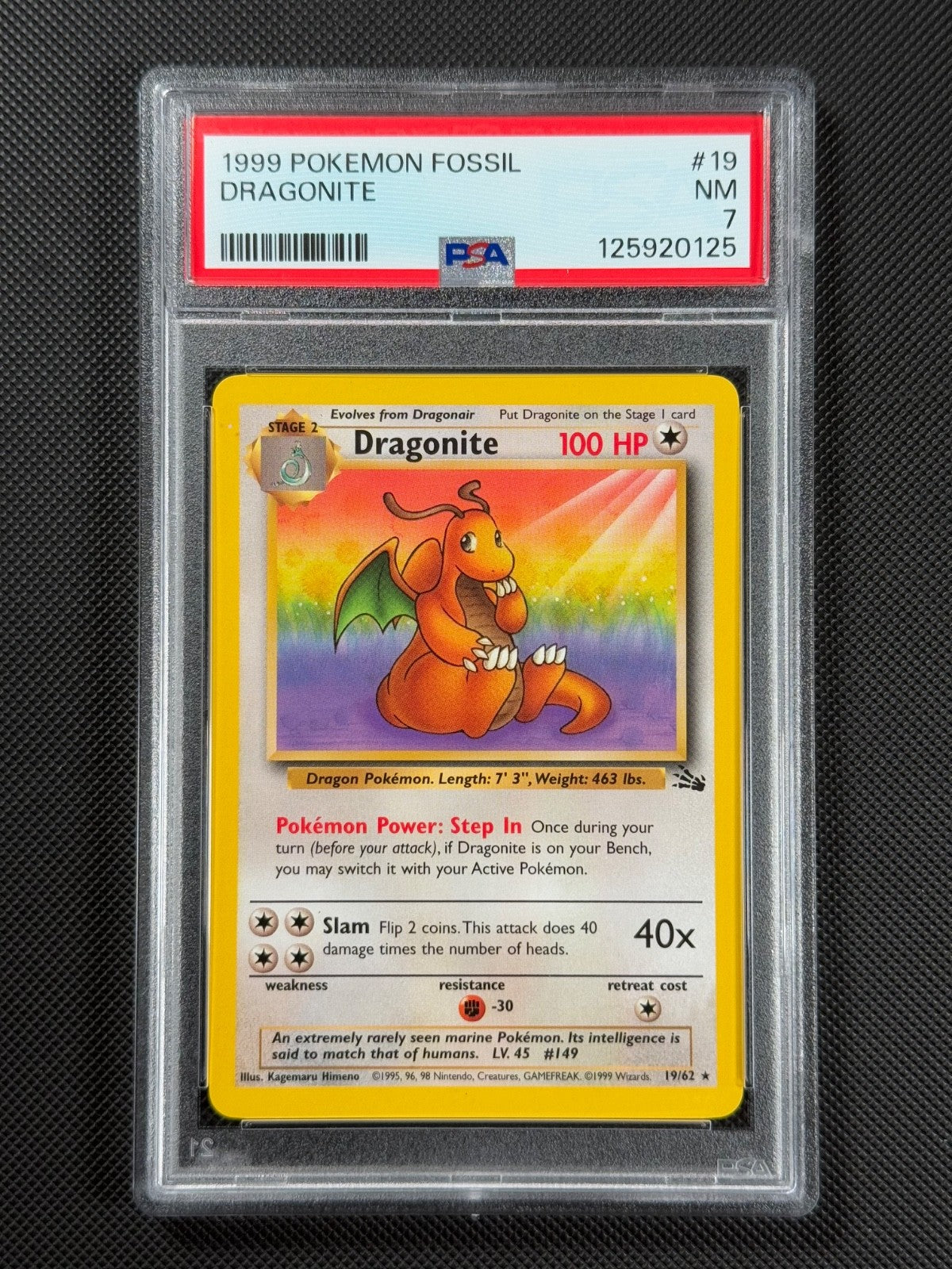 PSA 7 Dragonite 19/62 REGULAR Pokémon Card WOTC Fossil Rare Non Holo NM0