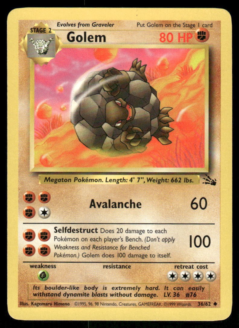 Pokemon Cards Golem 36/62 UNLIMITED Fossil WOTC Uncommon NM0