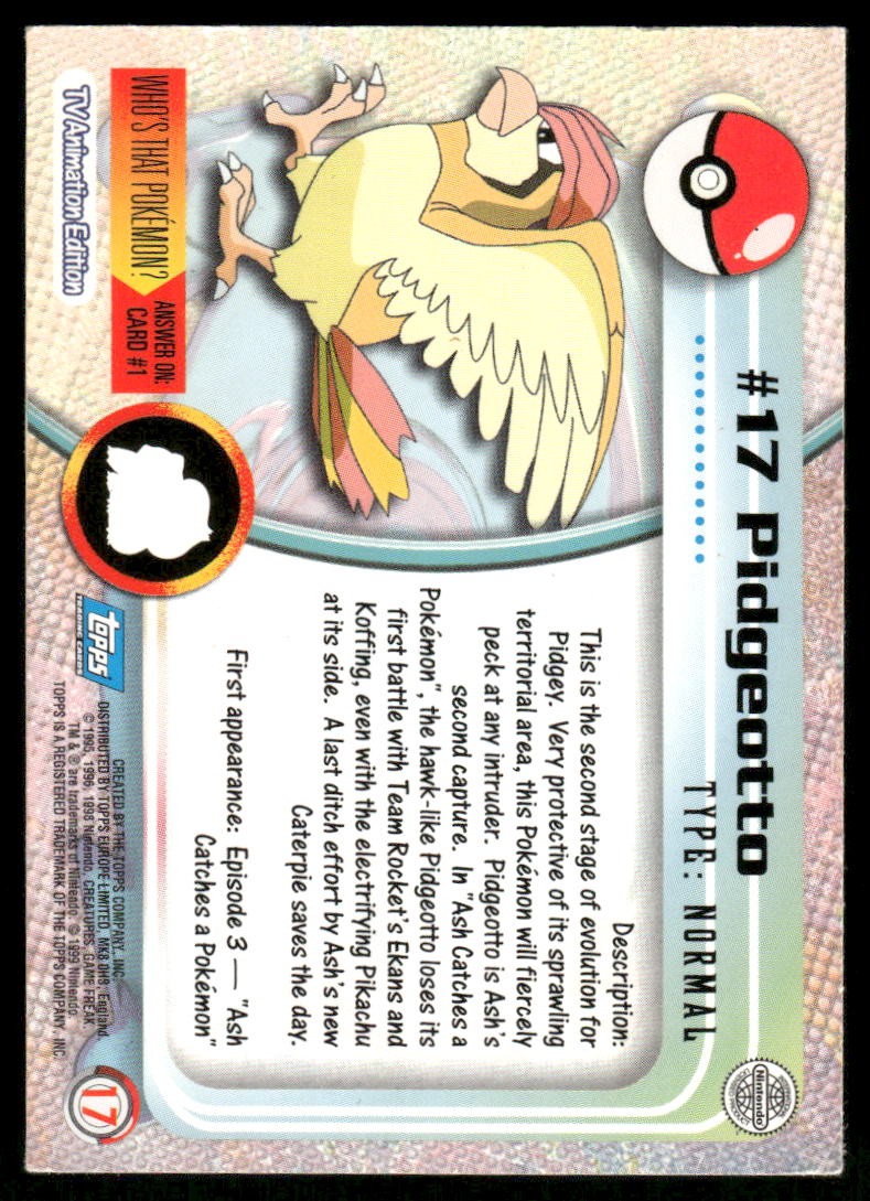 Pokemon Cards Pidgeotto #17 Topps Trading Cards Series 1 LP *11