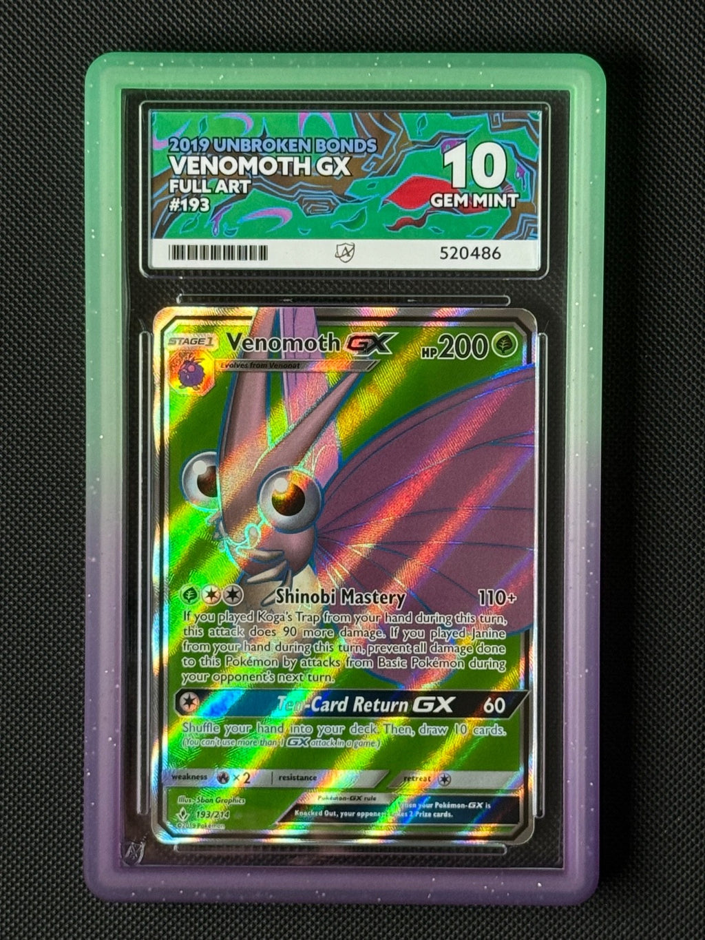 ACE 10 Venomoth GX 193/214 Full Art Pokémon Card Unbroken Bonds Holo GEM MINT0