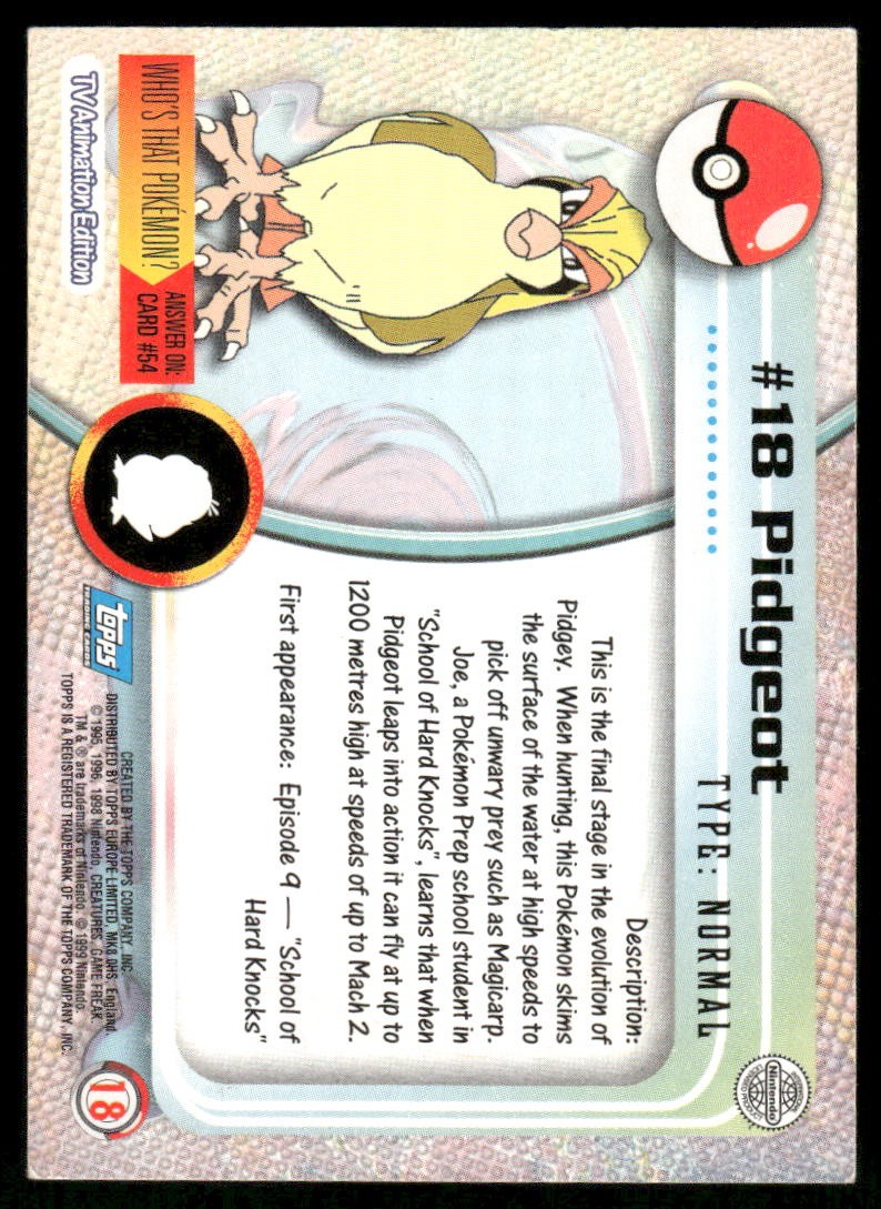 Pokemon Cards Pidgeot #18 Topps Trading Cards Series 1 LP *21