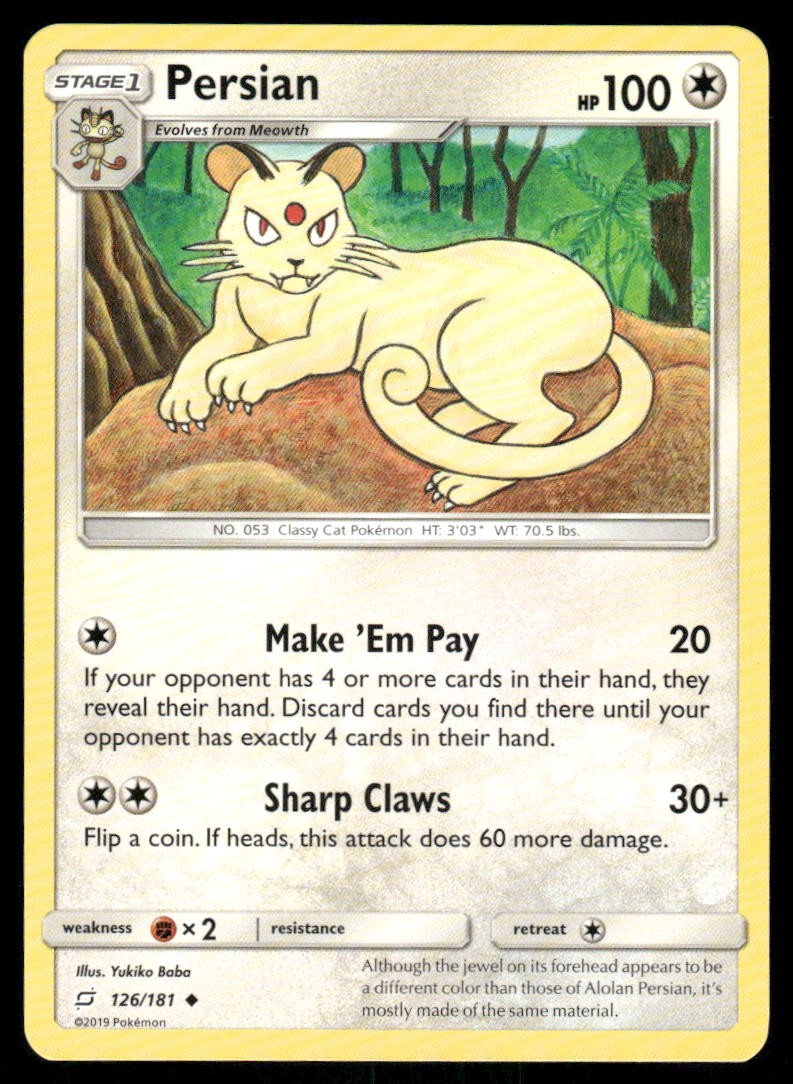 Pokemon Cards Persian 126/181 Team Up Sun & Moon Uncommon NM0