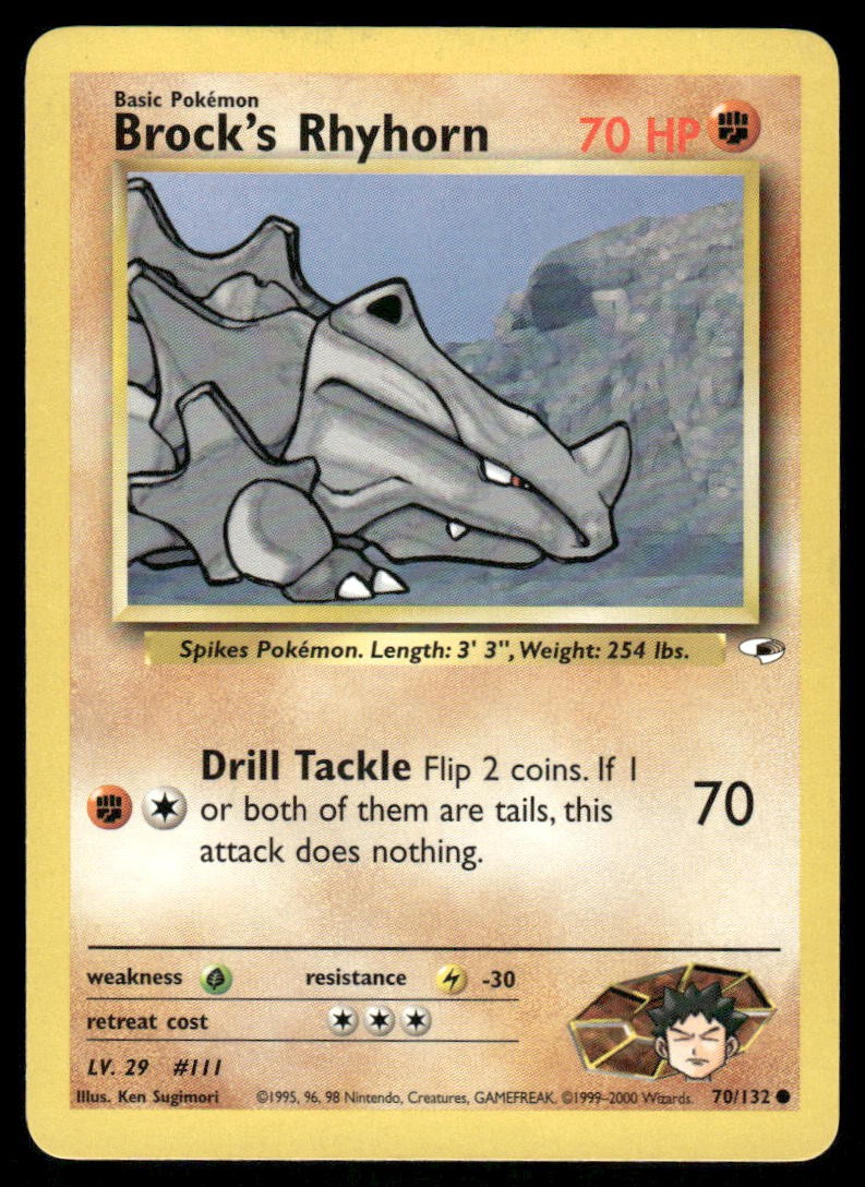 Pokemon Cards Brock's Rhyhorn 70/132 Unlimited Gym Heroes WOTC Common LP *20