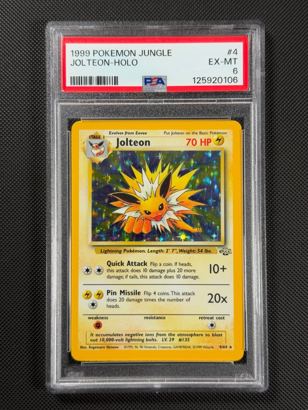 PSA 6 Jolteon 4/64 HOLO Pokémon Card WOTC Jungle Rare Holo EX-MT0