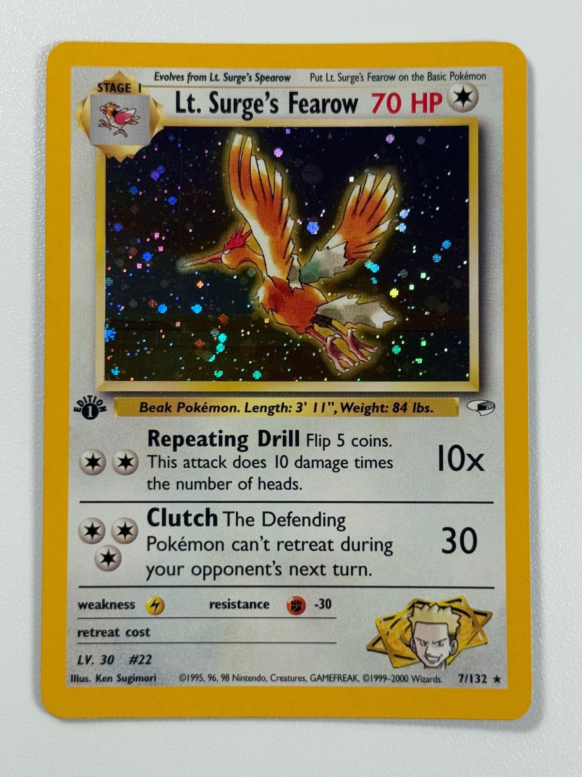 Pokémon Cards Lt. Surge's Fearow 7/132 1ST EDITION Gym Heroes WOTC Holo Rare0