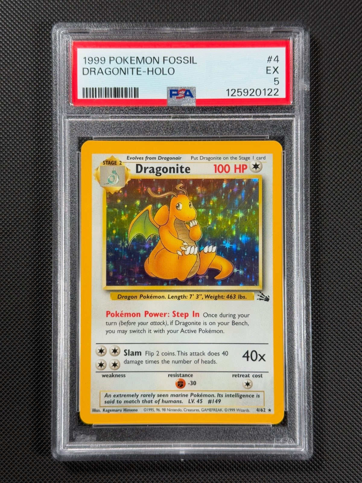 PSA 5 Dragonite 4/62 HOLO Pokémon Card WOTC Fossil Rare Holo EX0