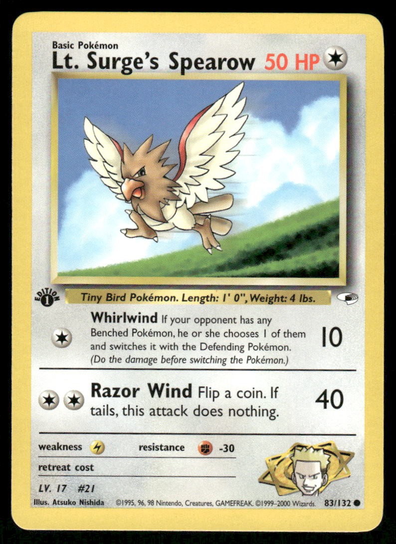 Pokemon Cards Lt. Surge's Spearow 83/132 1ST EDITION Gym Heroes WOTC Common NM0