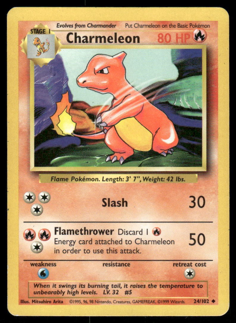 Pokemon Cards Charmeleon 24/102 UNLIMITED Base Set WOTC Uncommon LP0