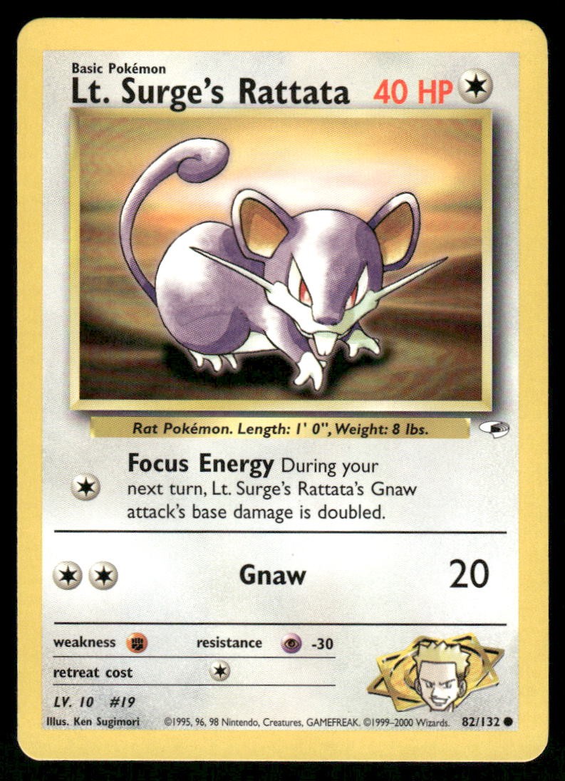 Pokemon Cards Lt. Surge's Rattata 82/132 UNLIMITED Gym Heroes WOTC Common NM0