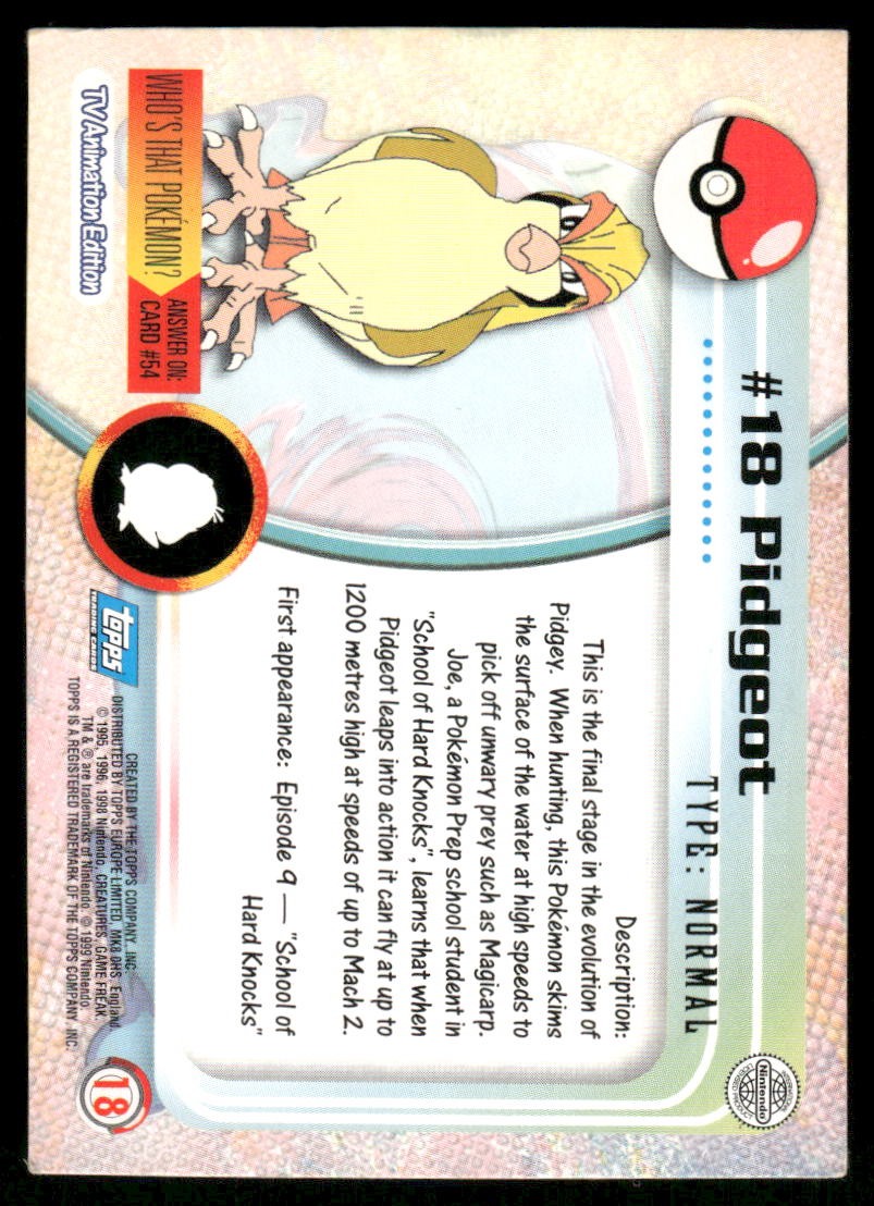 Pokemon Cards Pidgeot #18 Topps Trading Cards Series 1 LP *31