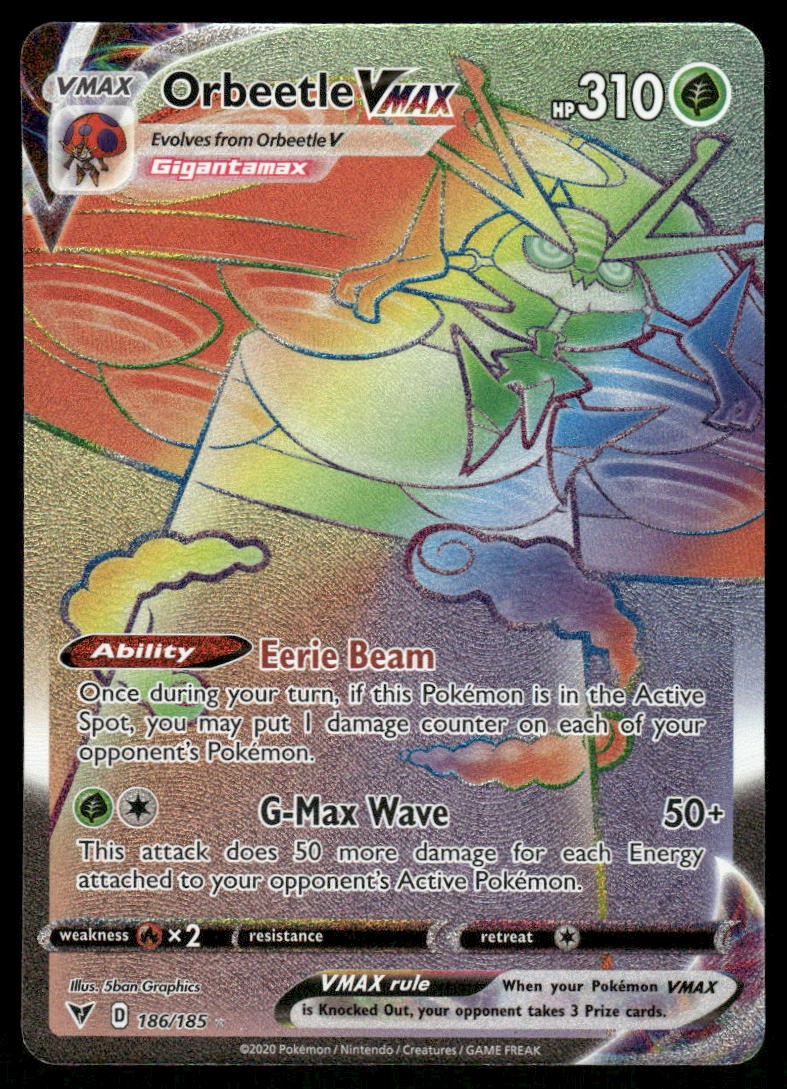 Pokemon Cards Orbeetle VMAX 186/185 Vivid Voltage Rare Rainbow NM0