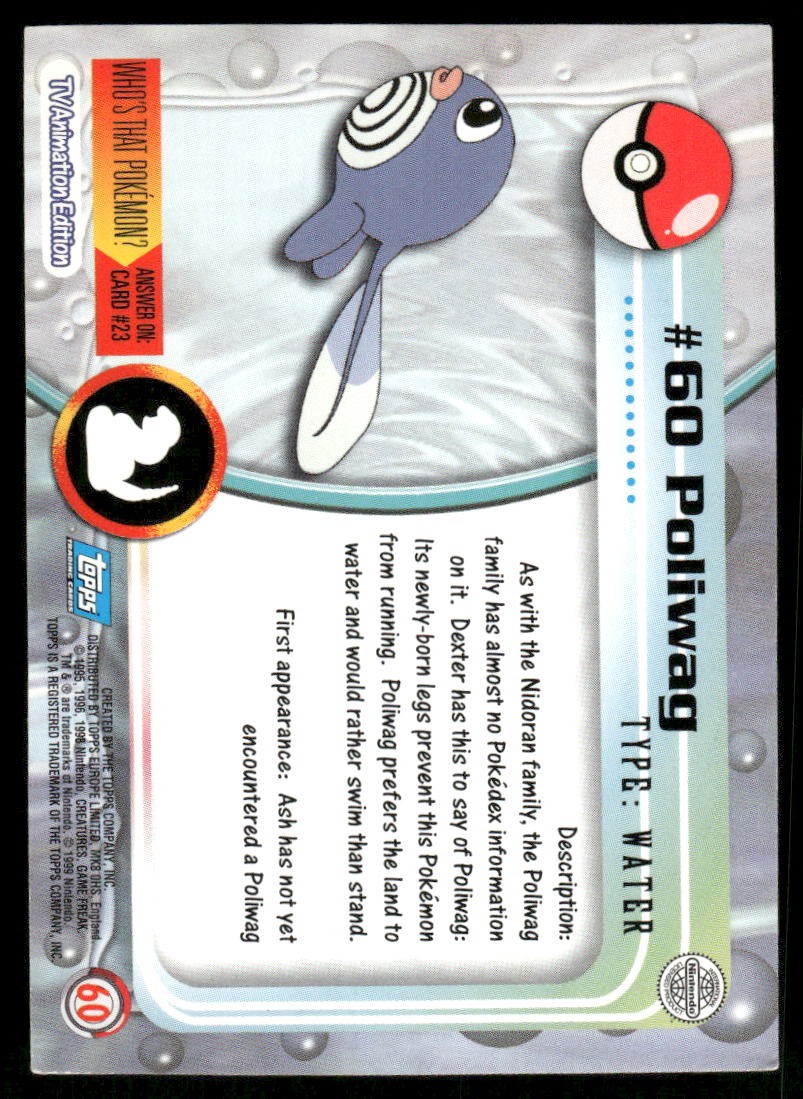 Pokemon Cards Poliwag #60 Topps Trading Cards Series 1 NM *21
