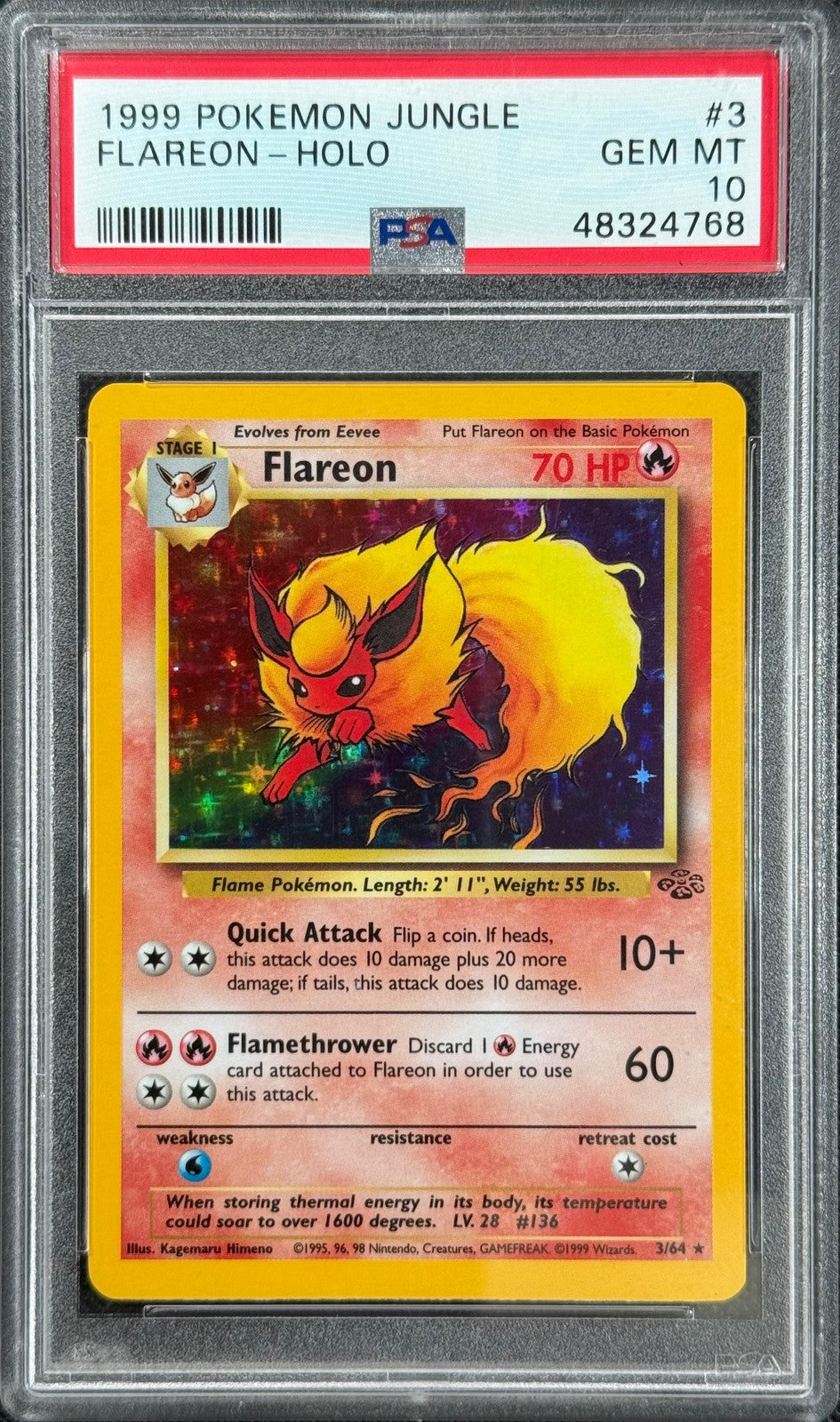 Pokemon Card Flareon 3/64 Holo Jungle WOTC PSA 100