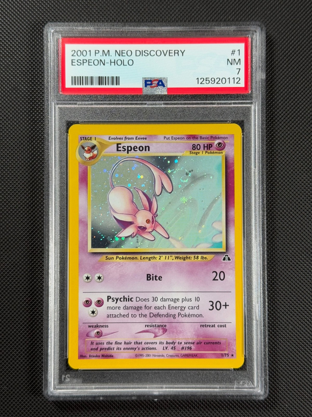 PSA 7 Espeon 1/75 HOLO Pokémon Card WOTC Neo Discovery Rare Holo NM0