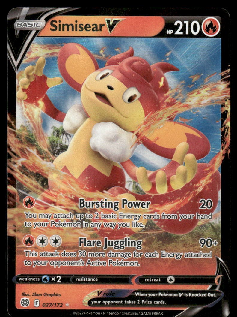 Pokemon Cards Simisear V 027/172 Brilliant Stars Holo Rare V NM0