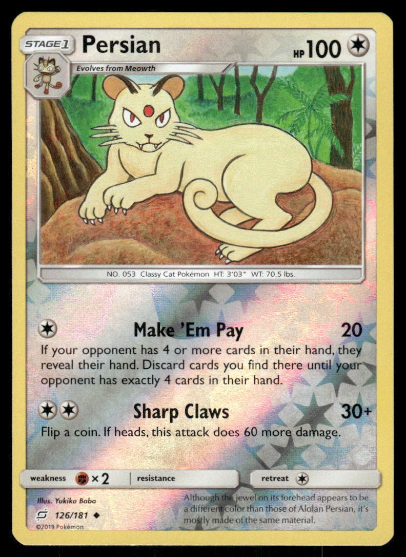 Pokemon Cards Persian 126/181 Reverse Holo Team Up Sun & Moon NM0