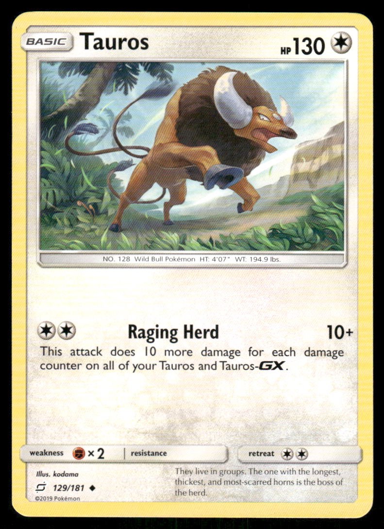 Pokemon Cards Tauros 129/181 Team Up Sun & Moon Uncommon NM0