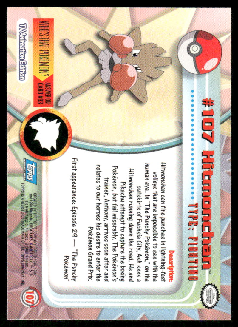 Pokemon Cards Hitmonchan #107 Topps Trading Cards Series 2 NM *11