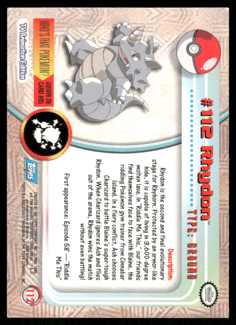 Pokemon Cards Rhydon #112 Topps Trading Cards Series 2 LP *31