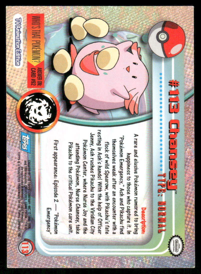 Pokemon Cards Chansey #113 Topps Trading Cards Series 2 NM *31