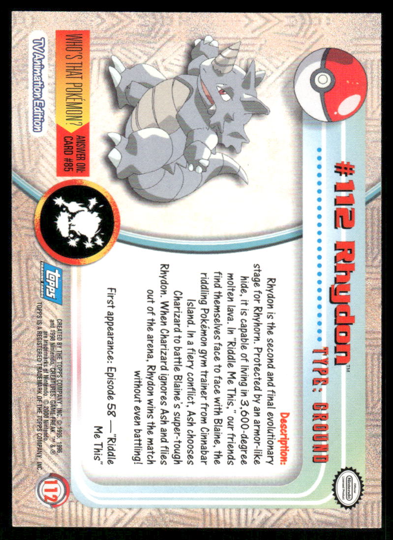 Pokemon Cards Rhydon #112 Topps Trading Cards Series 2 NM *41