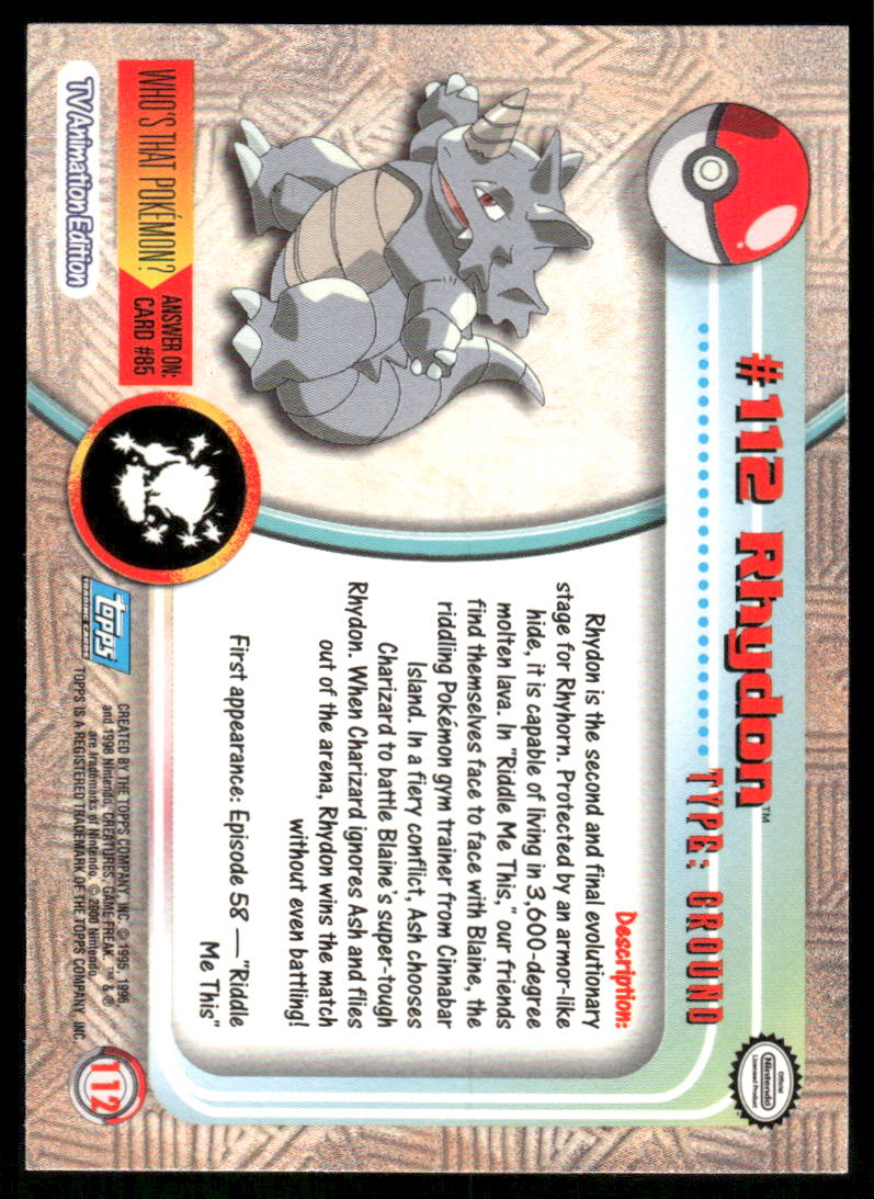 Pokemon Cards Rhydon #112 Topps Trading Cards HOLO Series 2 NM1