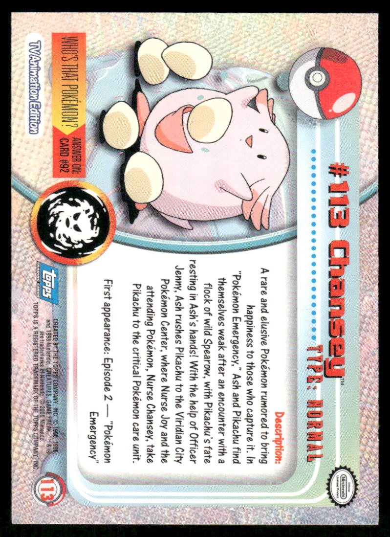 Pokemon Cards Chansey #113 Topps Trading Cards Series 2 NM *41