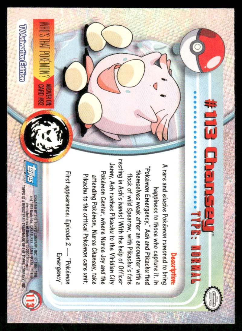Pokemon Cards Chansey #113 Topps Trading Cards Series 2 NM *51
