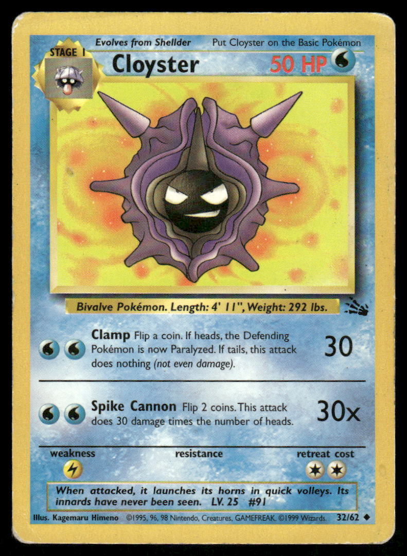 Pokemon Cards Cloyster 32/62 Unlimited Fossil Uncommon HP *30