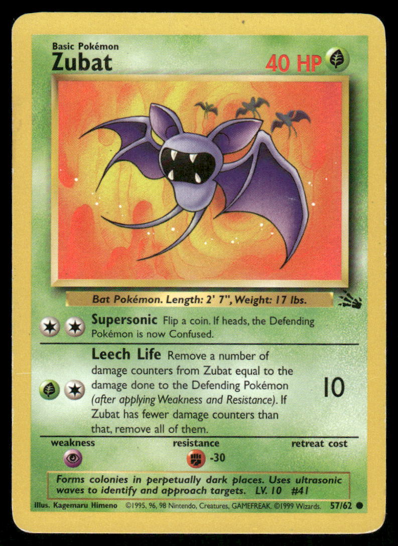 Pokemon Cards Zubat 57/62 Unlimited Fossil Common HP *20