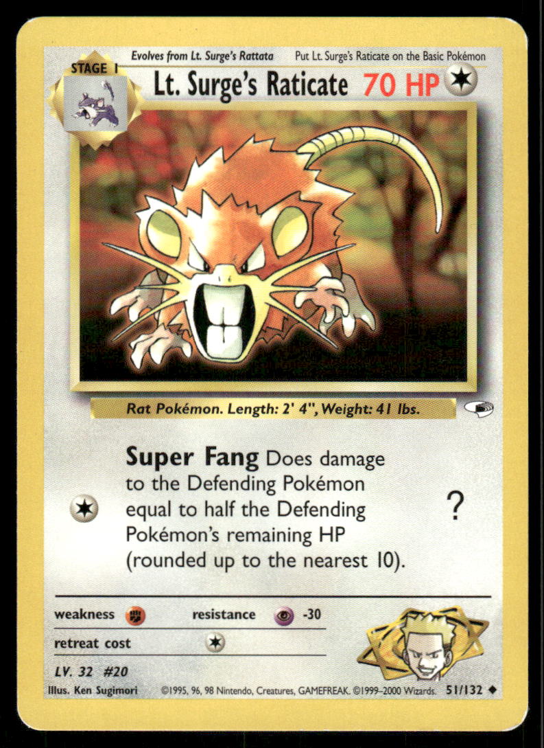 Pokemon Cards Lt. Surge's Raticate 51/132 Gym Heroes Uncommon LP0