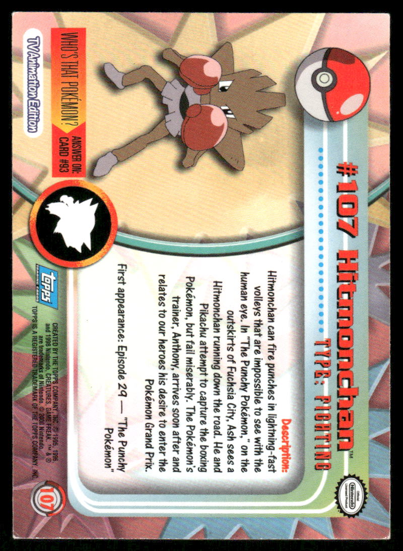 Pokemon Cards Hitmonchan #107 Topps Trading Cards Series 2 MP *51