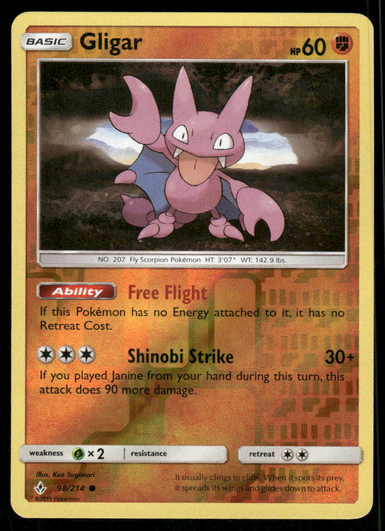 Pokemon Cards Gligar 98/214 Reverse Holo Unbroken Bonds Common NM0