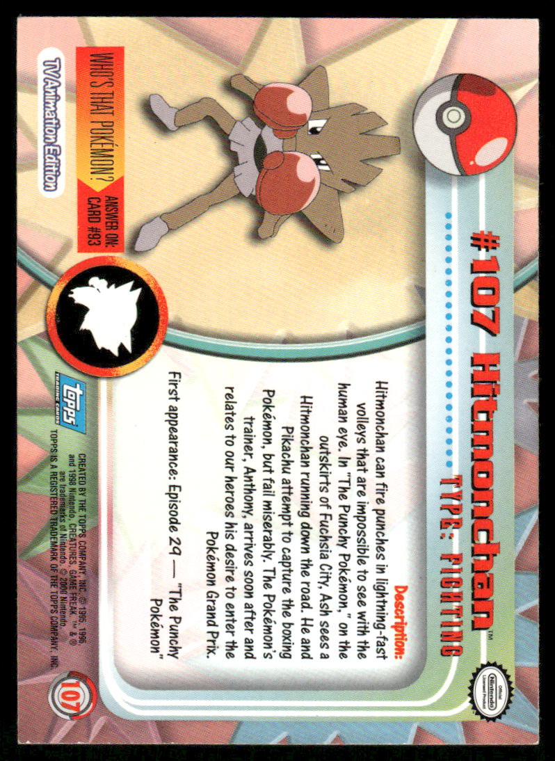 Pokemon Cards Hitmonchan #107 Topps Trading Cards Series 2 NM *61