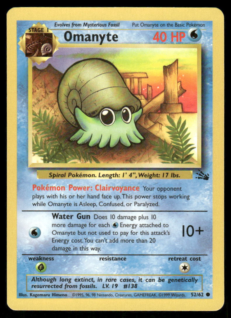 Pokemon Cards Omanyte 52/62 Unlimited Fossil WOTC Common NM0