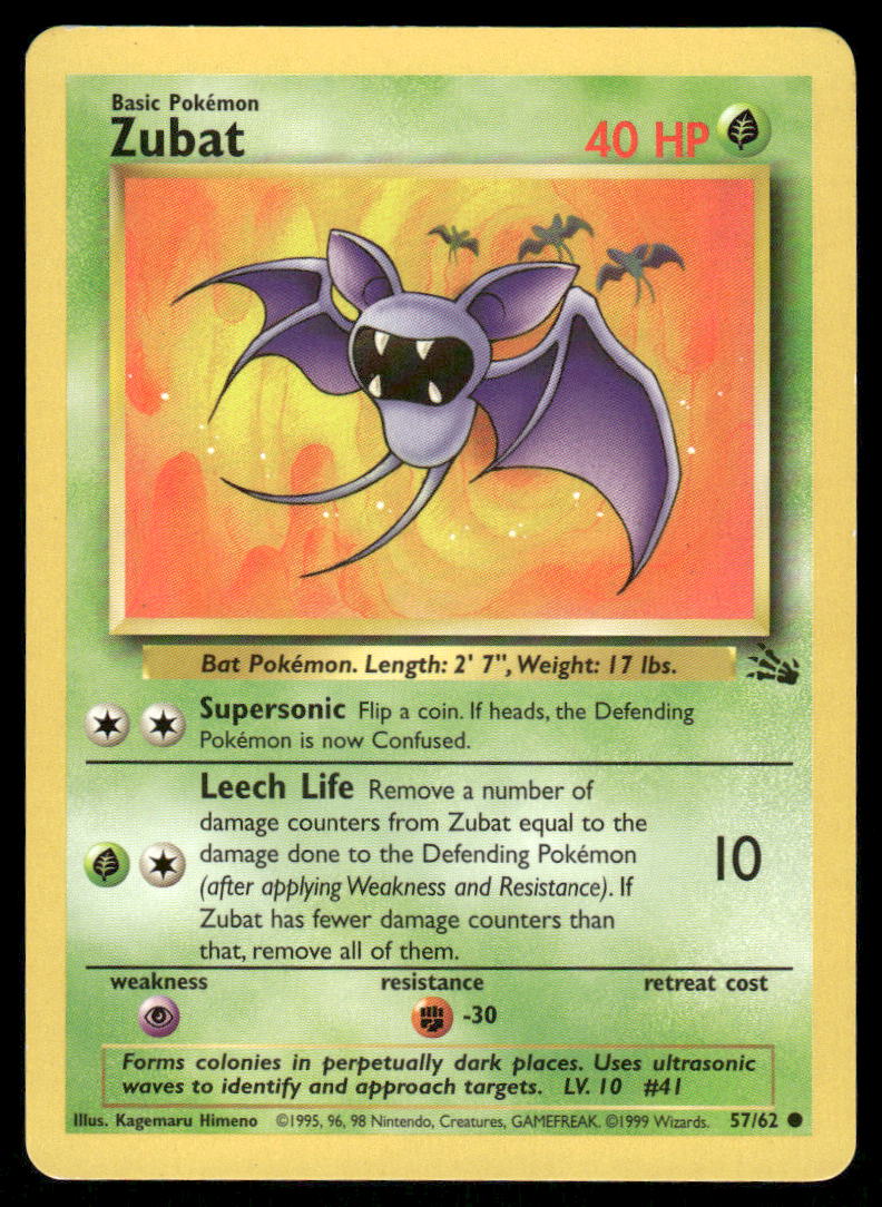 Pokemon Cards Zubat 57/62 Unlimited Fossil WOTC Common NM0