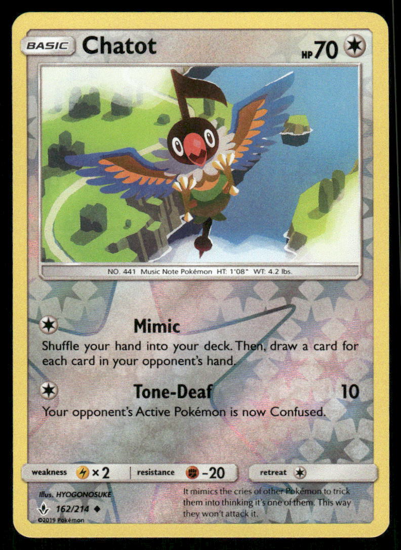 Pokemon Cards Chatot 162/214 Reverse Holo Unbroken Bonds Uncommon NM0