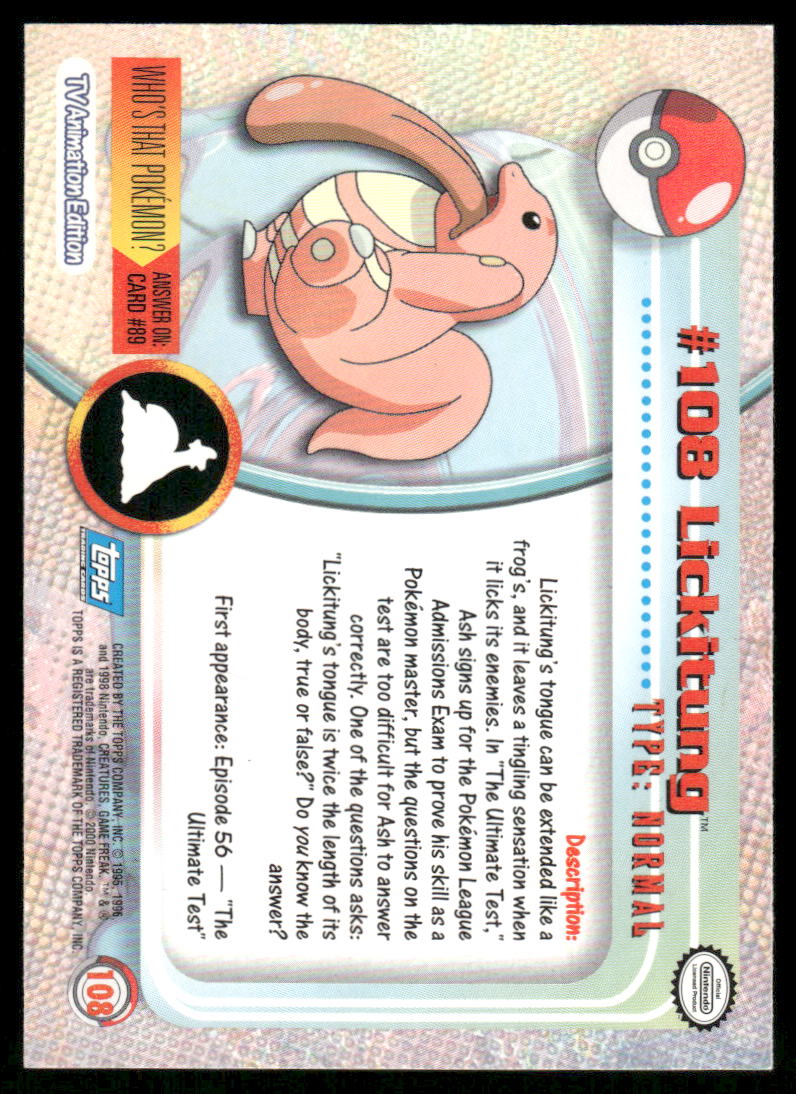 Pokemon Cards Lickitung #108 Topps Trading Cards Series 2 NM *31